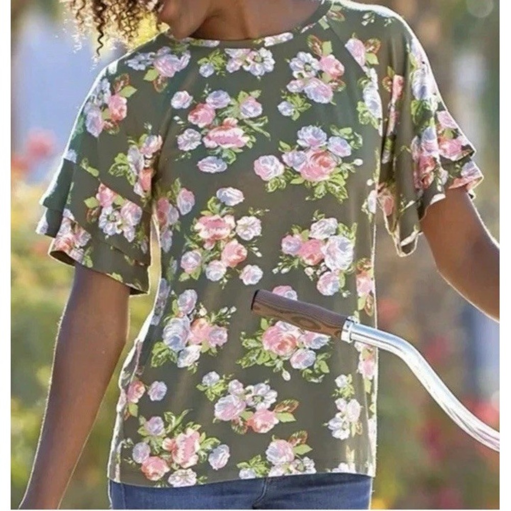 Matilda Jane Shirt Women's XS Green Floral Flouncy Cottagecore Feminine Stretch